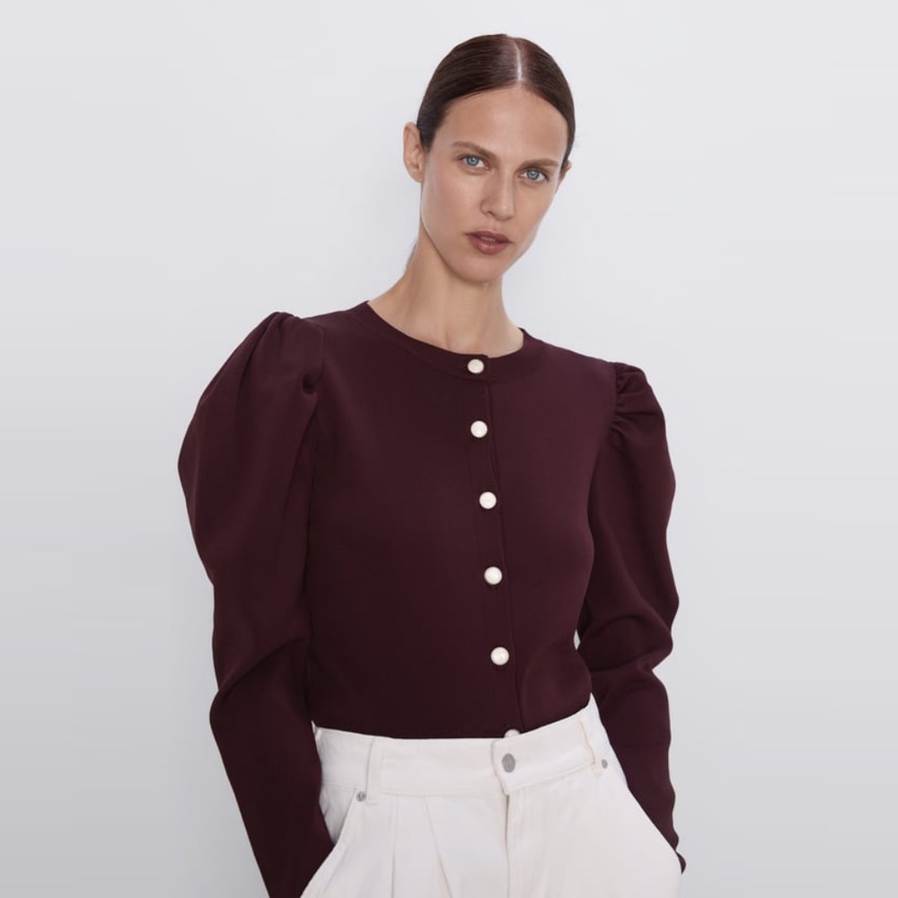 Zara Pearl Button Puff Sleeve Cardigan - L